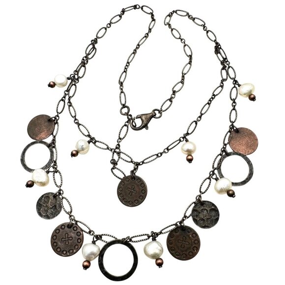 SILPADA N1567 Freshwater Pearls Copper Coins 925 Sterling Silver Necklace - Picture 1 of 3